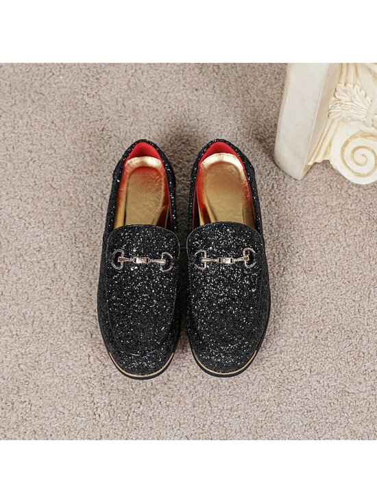 Men\'s Black Rubber Velvet Leather Glitter With Gold Buckle Loafers Slip On Shoes main image 5
